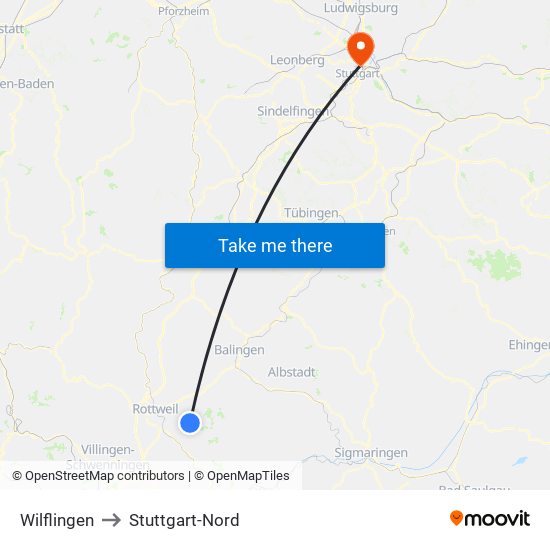 Wilflingen to Stuttgart-Nord map