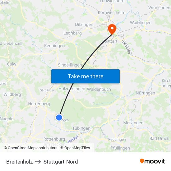 Breitenholz to Stuttgart-Nord map