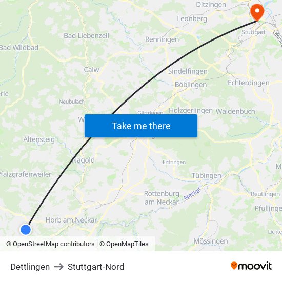 Dettlingen to Stuttgart-Nord map