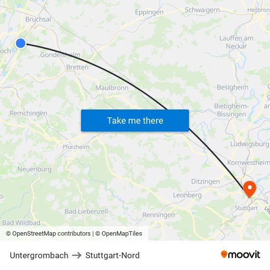 Untergrombach to Stuttgart-Nord map