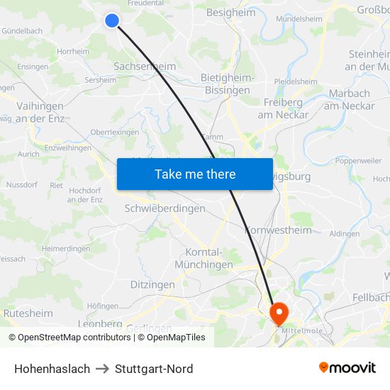 Hohenhaslach to Stuttgart-Nord map