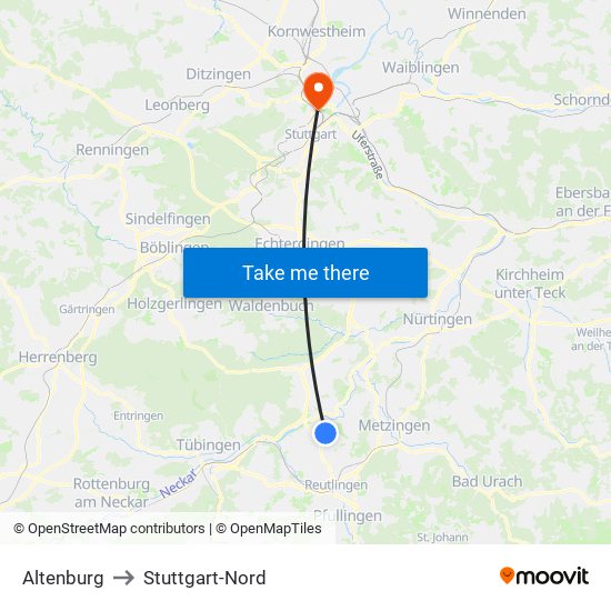 Altenburg to Stuttgart-Nord map