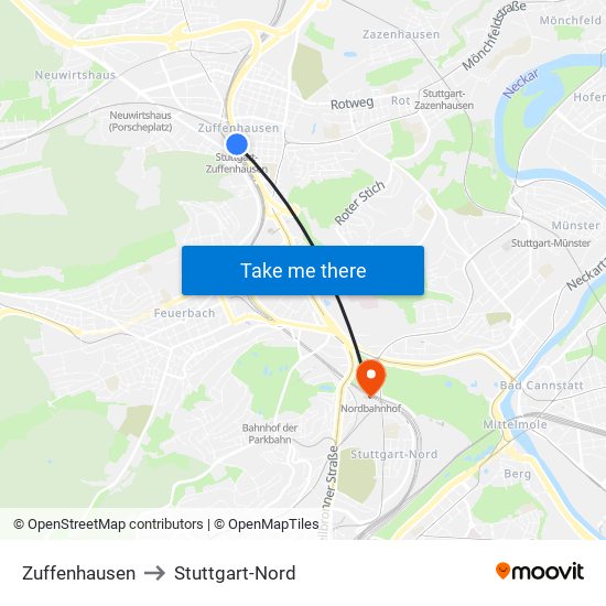 Zuffenhausen to Stuttgart-Nord map