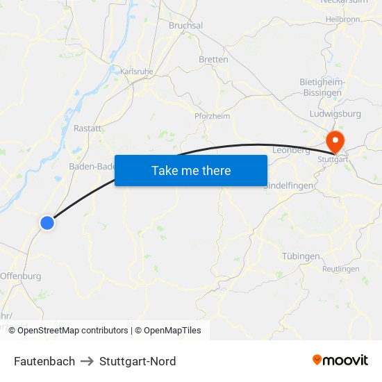 Fautenbach to Stuttgart-Nord map