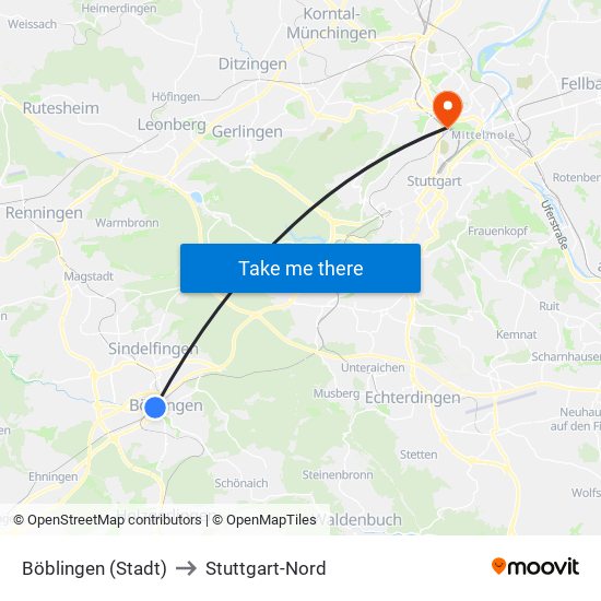 Böblingen (Stadt) to Stuttgart-Nord map