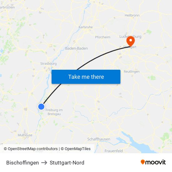 Bischoffingen to Stuttgart-Nord map