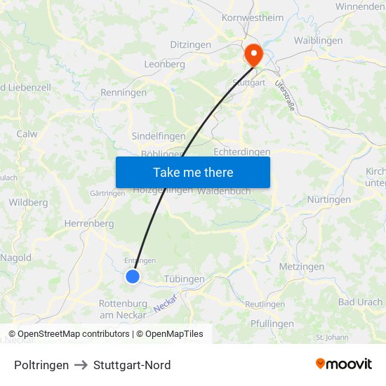 Poltringen to Stuttgart-Nord map