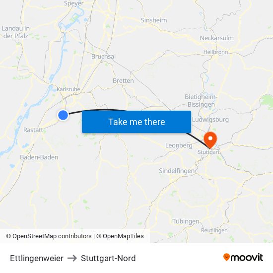 Ettlingenweier to Stuttgart-Nord map