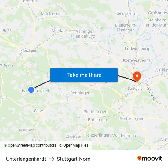 Unterlengenhardt to Stuttgart-Nord map