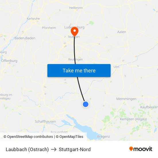 Laubbach (Ostrach) to Stuttgart-Nord map