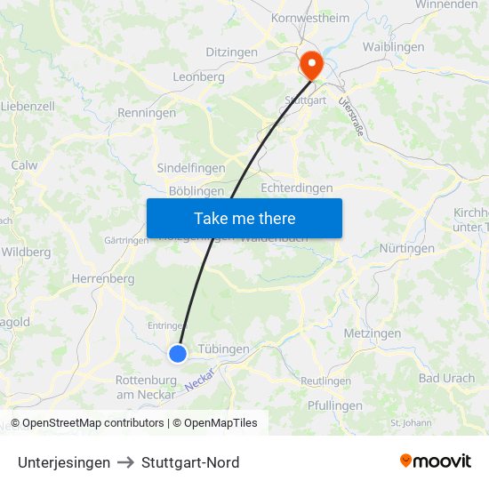 Unterjesingen to Stuttgart-Nord map