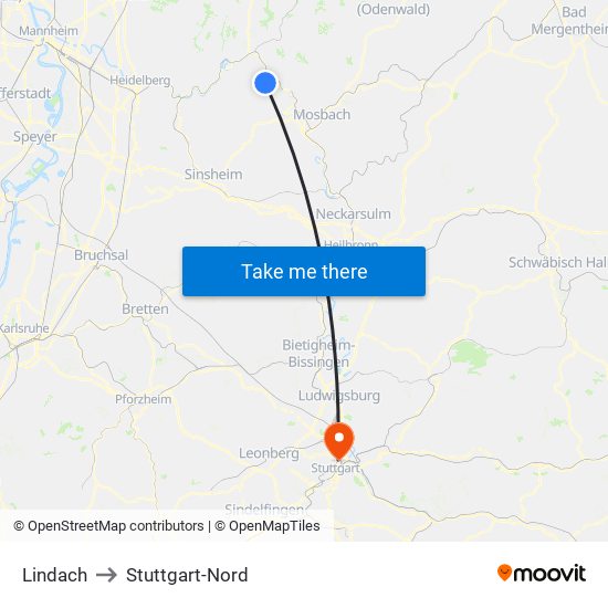 Lindach to Stuttgart-Nord map
