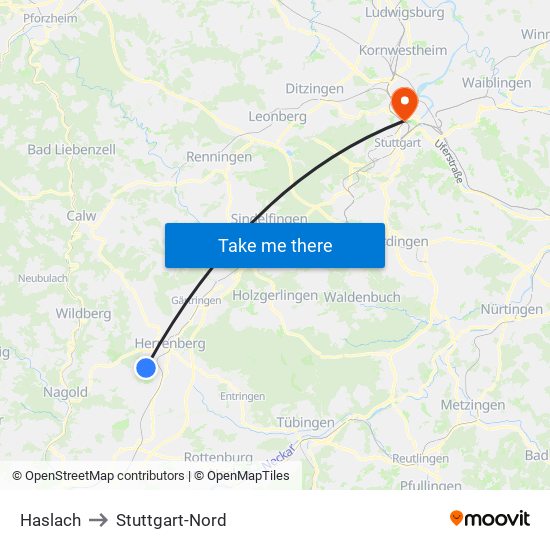 Haslach to Stuttgart-Nord map