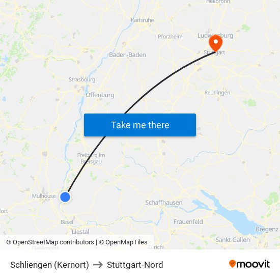 Schliengen (Kernort) to Stuttgart-Nord map