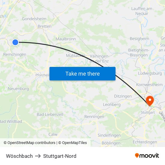 Wöschbach to Stuttgart-Nord map