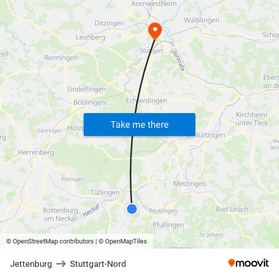 Jettenburg to Stuttgart-Nord map