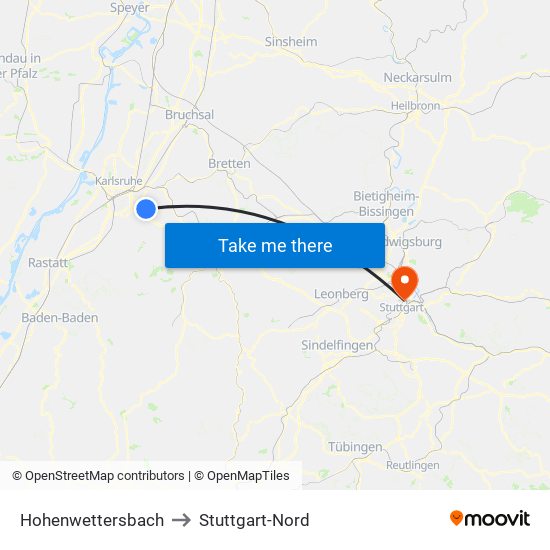 Hohenwettersbach to Stuttgart-Nord map