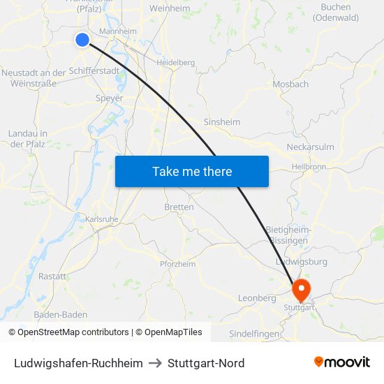 Ludwigshafen-Ruchheim to Stuttgart-Nord map