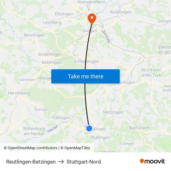 Reutlingen-Betzingen to Stuttgart-Nord map