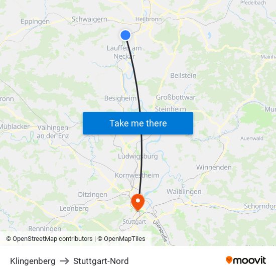 Klingenberg to Stuttgart-Nord map