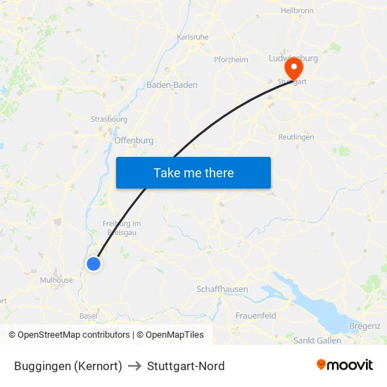 Buggingen (Kernort) to Stuttgart-Nord map
