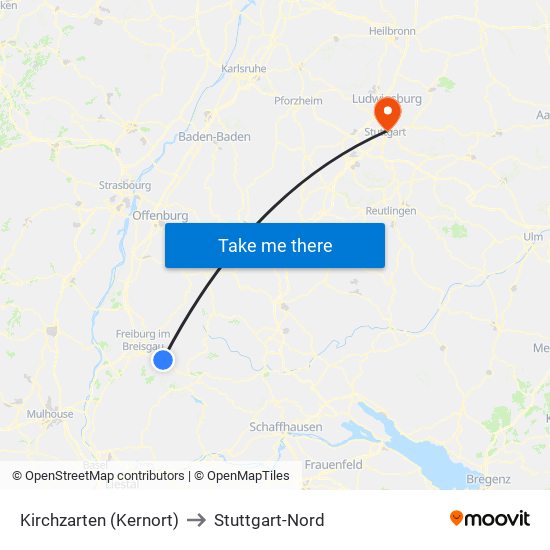 Kirchzarten (Kernort) to Stuttgart-Nord map