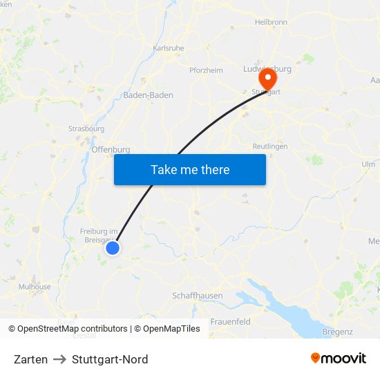 Zarten to Stuttgart-Nord map