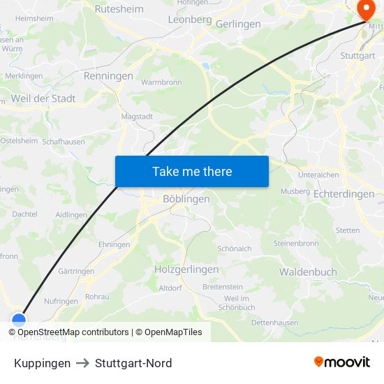 Kuppingen to Stuttgart-Nord map