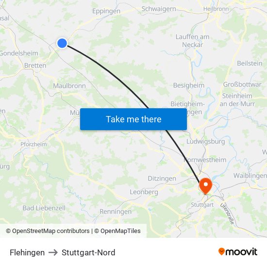 Flehingen to Stuttgart-Nord map