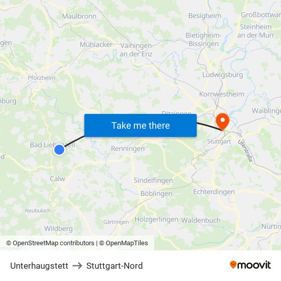 Unterhaugstett to Stuttgart-Nord map