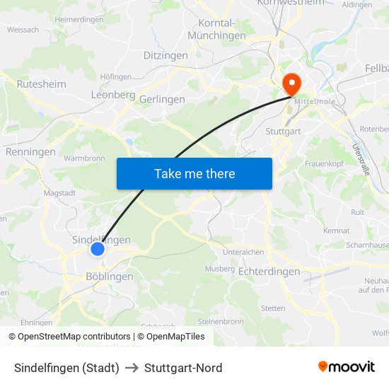 Sindelfingen (Stadt) to Stuttgart-Nord map