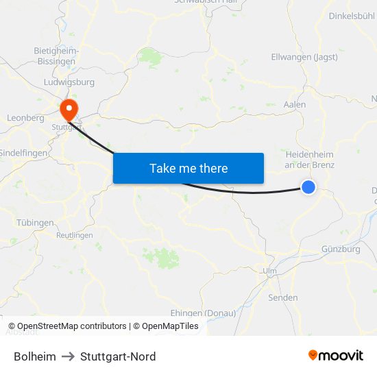 Bolheim to Stuttgart-Nord map