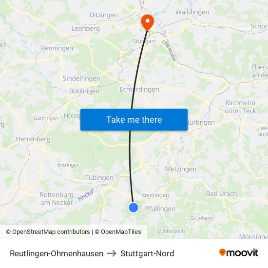 Reutlingen-Ohmenhausen to Stuttgart-Nord map