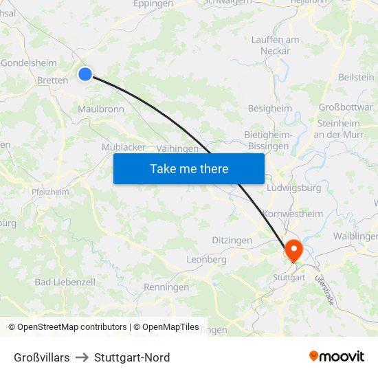 Großvillars to Stuttgart-Nord map