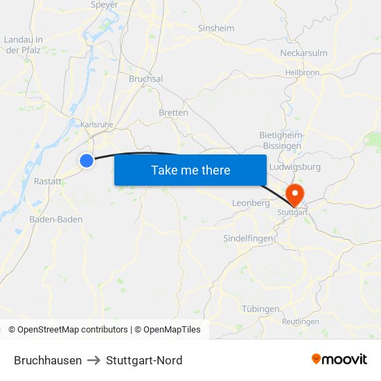 Bruchhausen to Stuttgart-Nord map