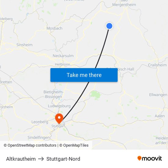 Altkrautheim to Stuttgart-Nord map