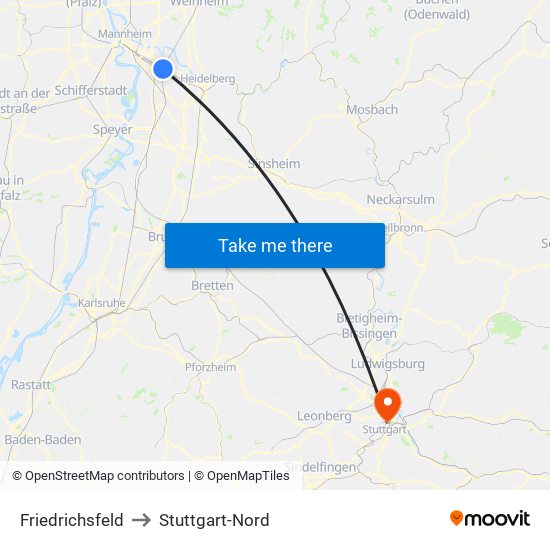 Friedrichsfeld to Stuttgart-Nord map