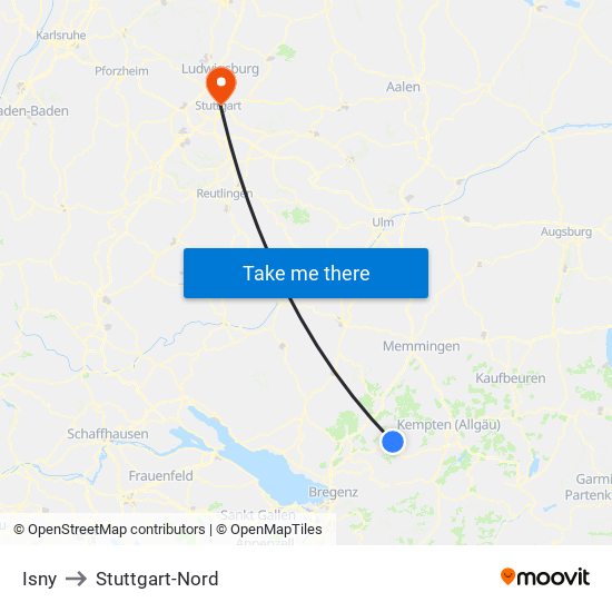 Isny to Stuttgart-Nord map