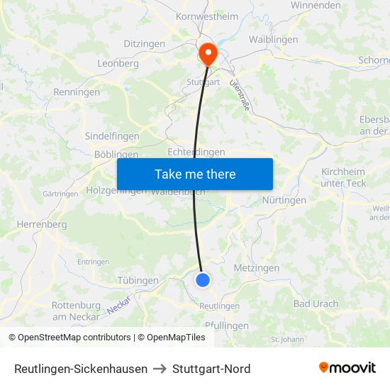 Reutlingen-Sickenhausen to Stuttgart-Nord map