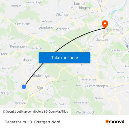 Dagersheim to Stuttgart-Nord map