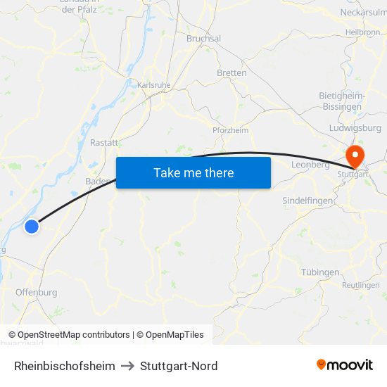 Rheinbischofsheim to Stuttgart-Nord map