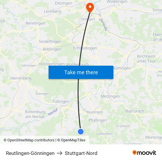 Reutlingen-Gönningen to Stuttgart-Nord map