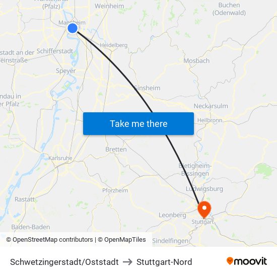 Schwetzingerstadt/Oststadt to Stuttgart-Nord map