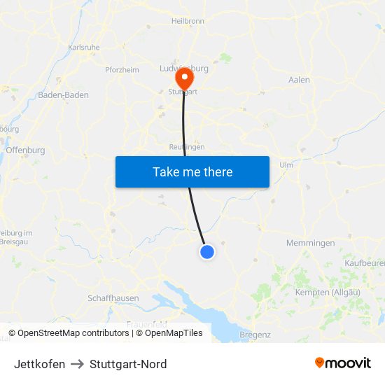 Jettkofen to Stuttgart-Nord map