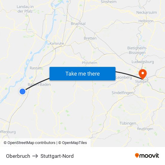 Oberbruch to Stuttgart-Nord map