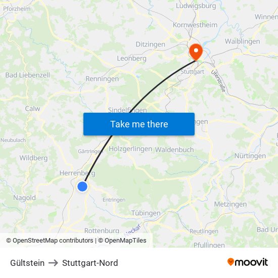 Gültstein to Stuttgart-Nord map