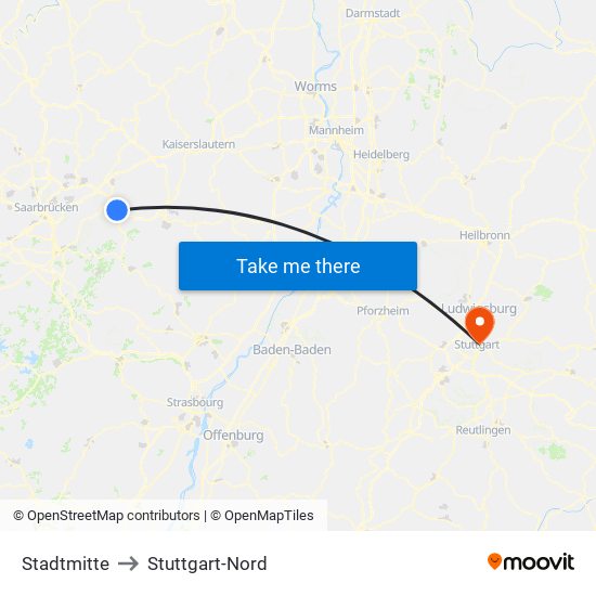 Stadtmitte to Stuttgart-Nord map