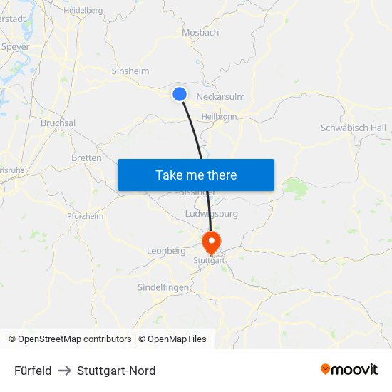 Fürfeld to Stuttgart-Nord map