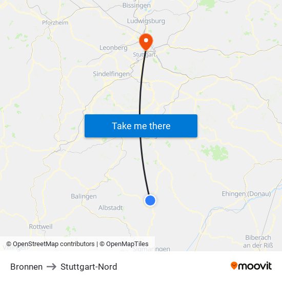 Bronnen to Stuttgart-Nord map