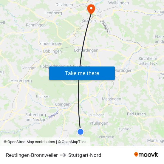 Reutlingen-Bronnweiler to Stuttgart-Nord map